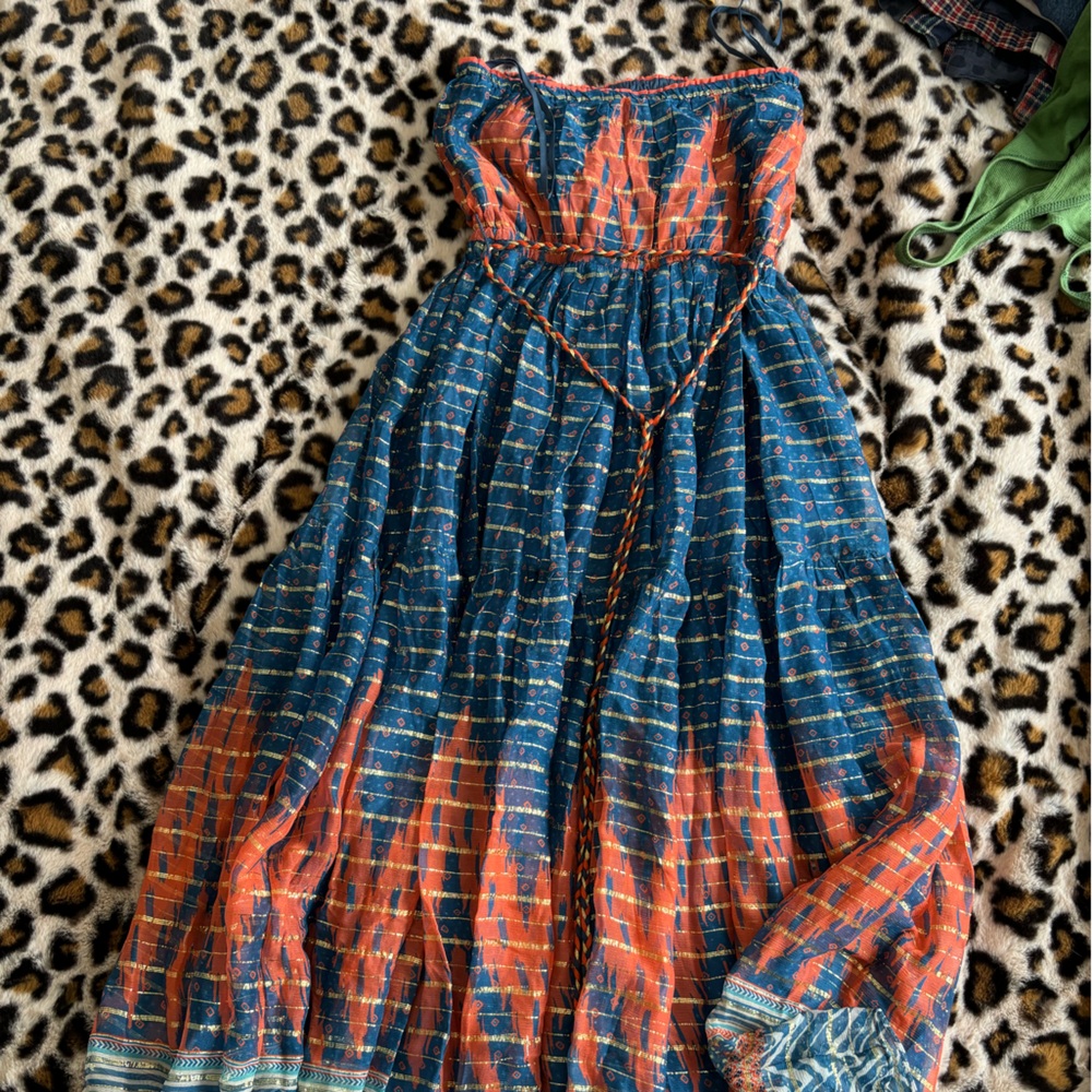 Anthropology strapless sundress! oranges blue and gold, never worn !